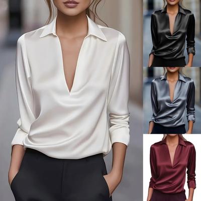 Women's Elegant Solid Color Simple V Neck Long Sleeve Shirt, Casual Office Work Wear Slim Fit Basic Blouse Top
