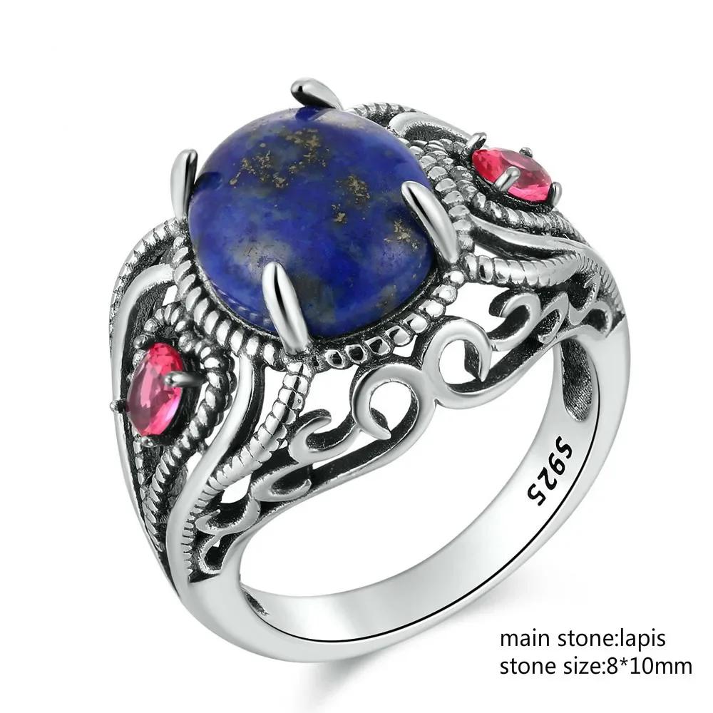 Silver S925 Ring Natural Big Oval Lapis Rings for Men Women Retro Luxury Fine Jewelry Party Anniversary Gift
