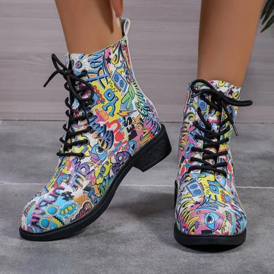 Fashion Autumn New Chunky Single Boots Women's Fashion Round Head Printed Front Lace-up Anti-slip Wear-resistant Short Boots