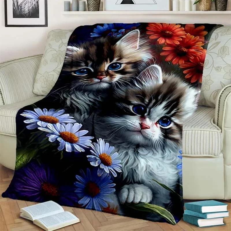 Warm and Cozy Cute Cat Pattern Flannel Blanket for Couch, Bed, Sofa, Office - Soft and Soothing Digital Printing Throw Blanket