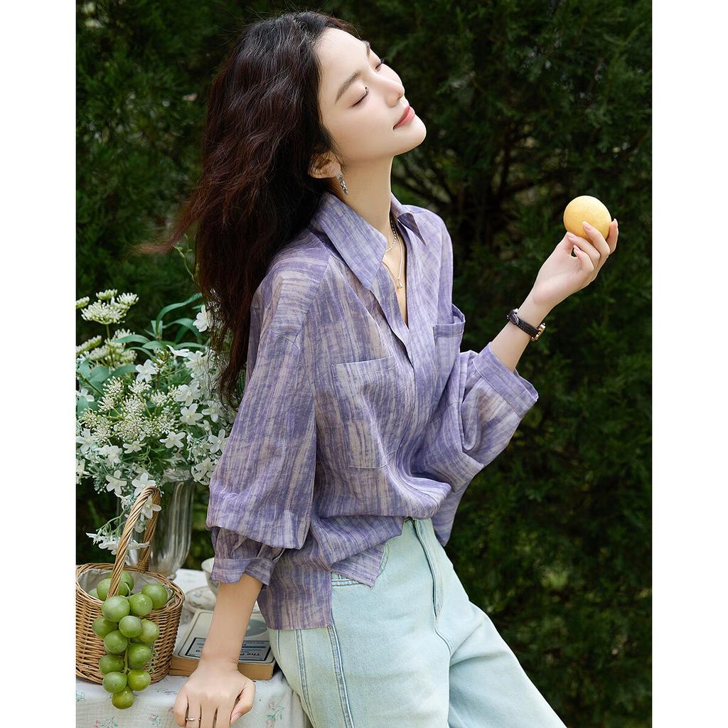 Dme [Art Student Outfit] Summer Artistic Gradient Lapel Shirt, Loose Comfortable Blouse, Women's Top