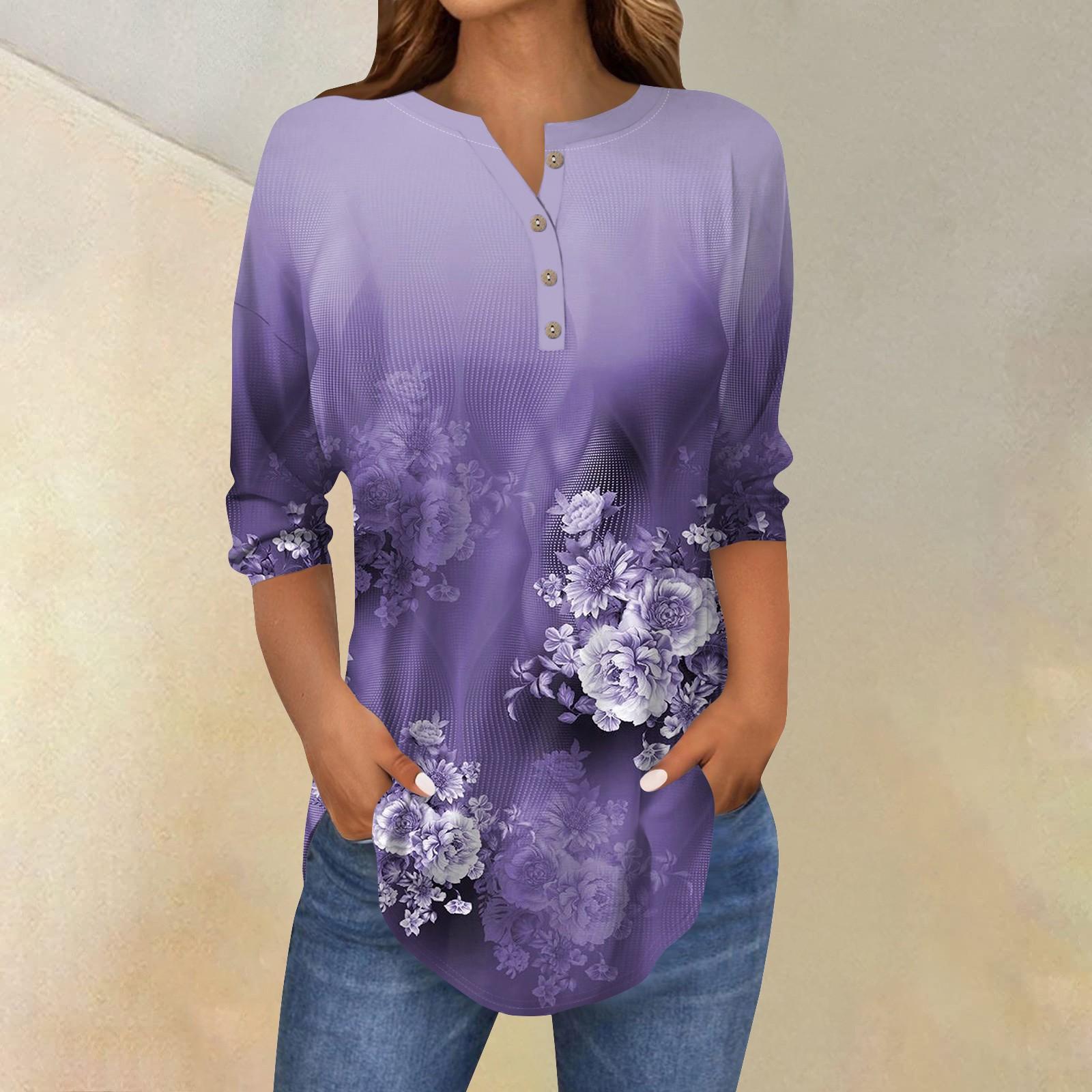 

Женские топы с рукавами 3/4, летние футболки с цветочным принтом и V-образным вырезом, повседневные базовые футболки с пуговицами, туники L фиолетовый