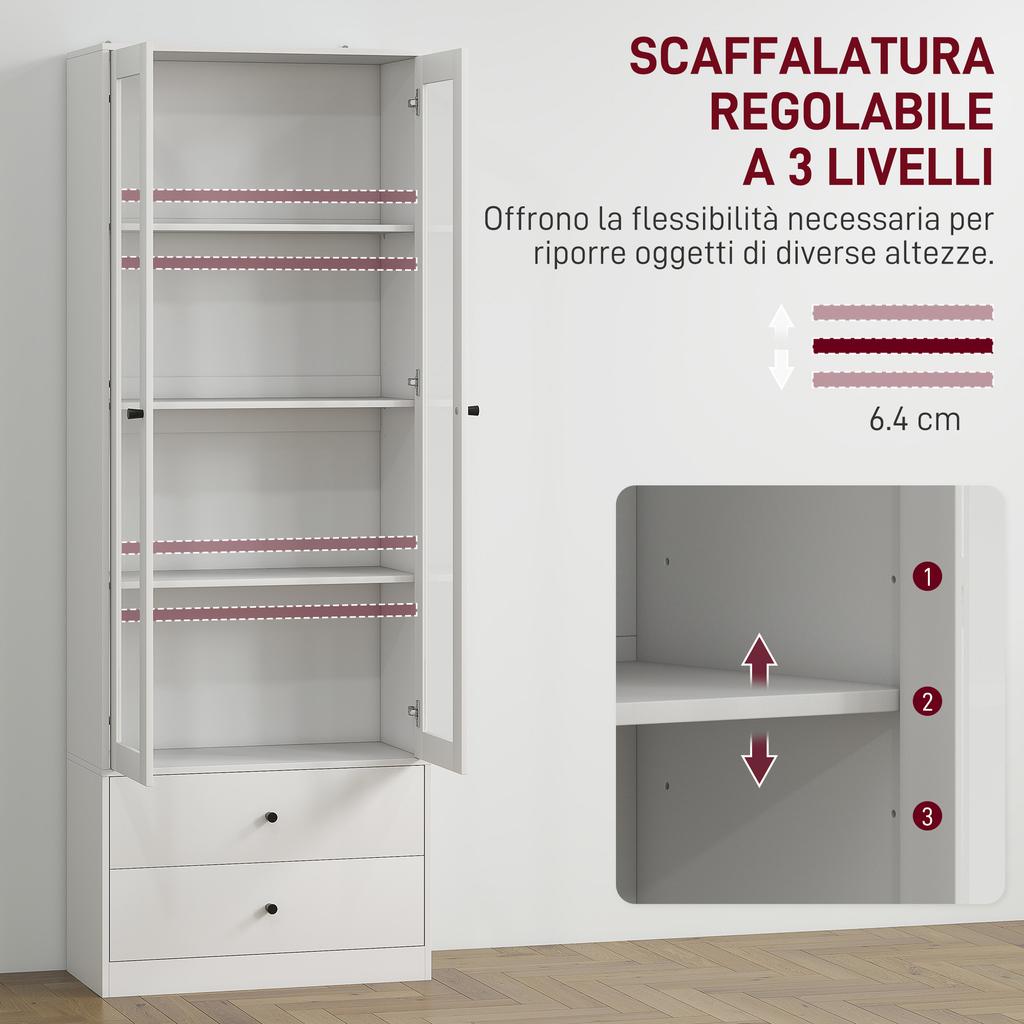 Credenza da cucina con armadietto e 2 cassetti, ante in vetro e ripiani regolabili, 59x30x164 cm, Bianco