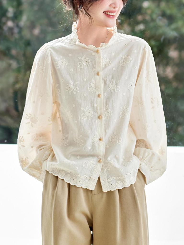 Women's Elegant Apricot Embroidered Cotton Long Sleeve Shirt with Wood Ear Collar - 2026 Spring Collection