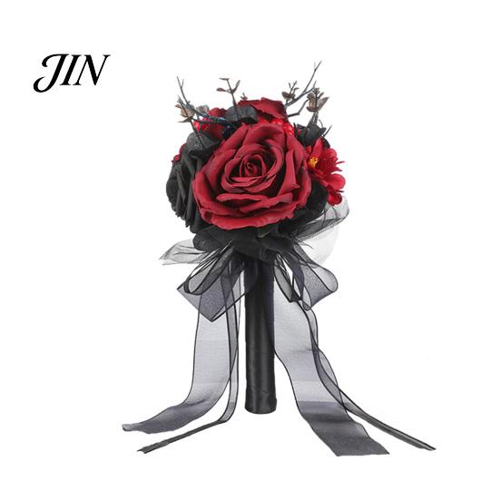 Spooky Wedding Bouquet Gothic Bride Bouquet, Artificial Black Red Rose Flower Party Floral Centerpiece with Skeleton Hand Pumpkin Skull for