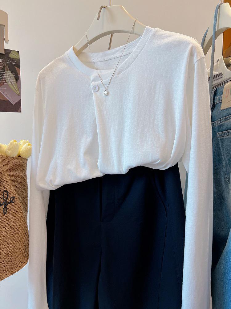 Cross-Season Pure Cotton Korean Double Gauze Long Sleeve T-Shirt for Women - Early Autumn Button Design