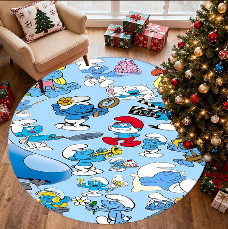Blue Smurfs Pattern Round Rug, Indoor/Outdoor Mat, for Picnic, Gameroom, Bedroom, Office, Living Room, Home Decor Carpet, Birthday Gift