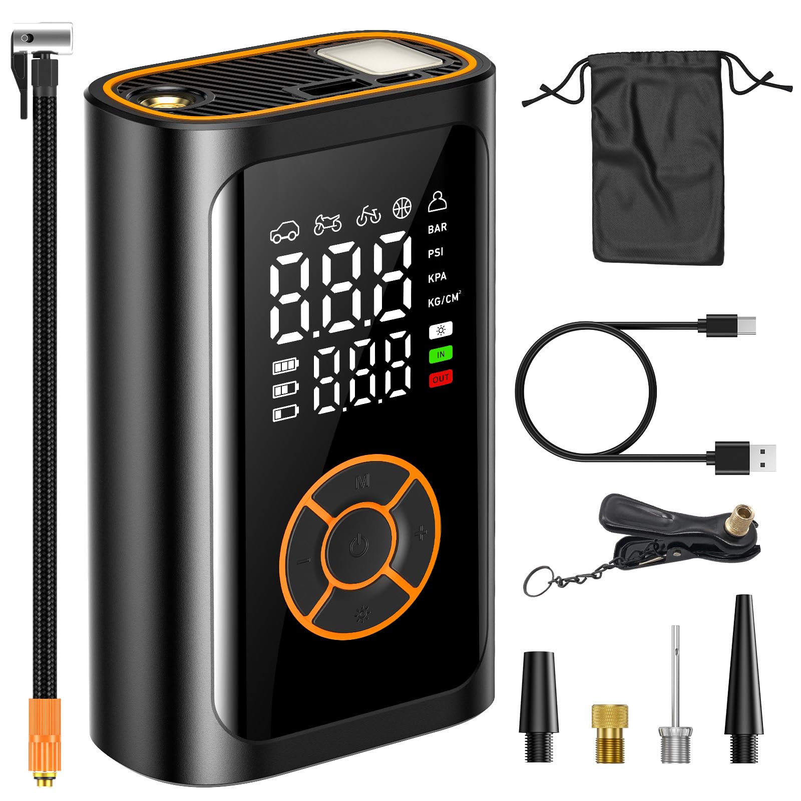 

Electric Bicycle Pump, 150 PSI, Fast Fill, Auto Shut-Off, High-Capacity Battery, Compatible with French, British, and American Valves, 5 Modes, LED Li