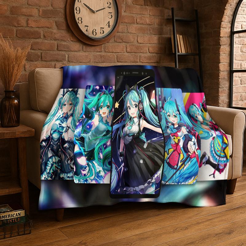 Music Girl M-MIKU Cartoon Flannel Blanket Soft Warm Throw Blanket for Bedroom Living Room Bed Travel Camping Picnic Gift