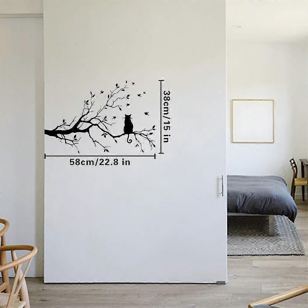 Takken met Bladeren en Kat Muurstickers Verwijderbaar Vinyl Vogelstickers Huisdecoratie Kamer