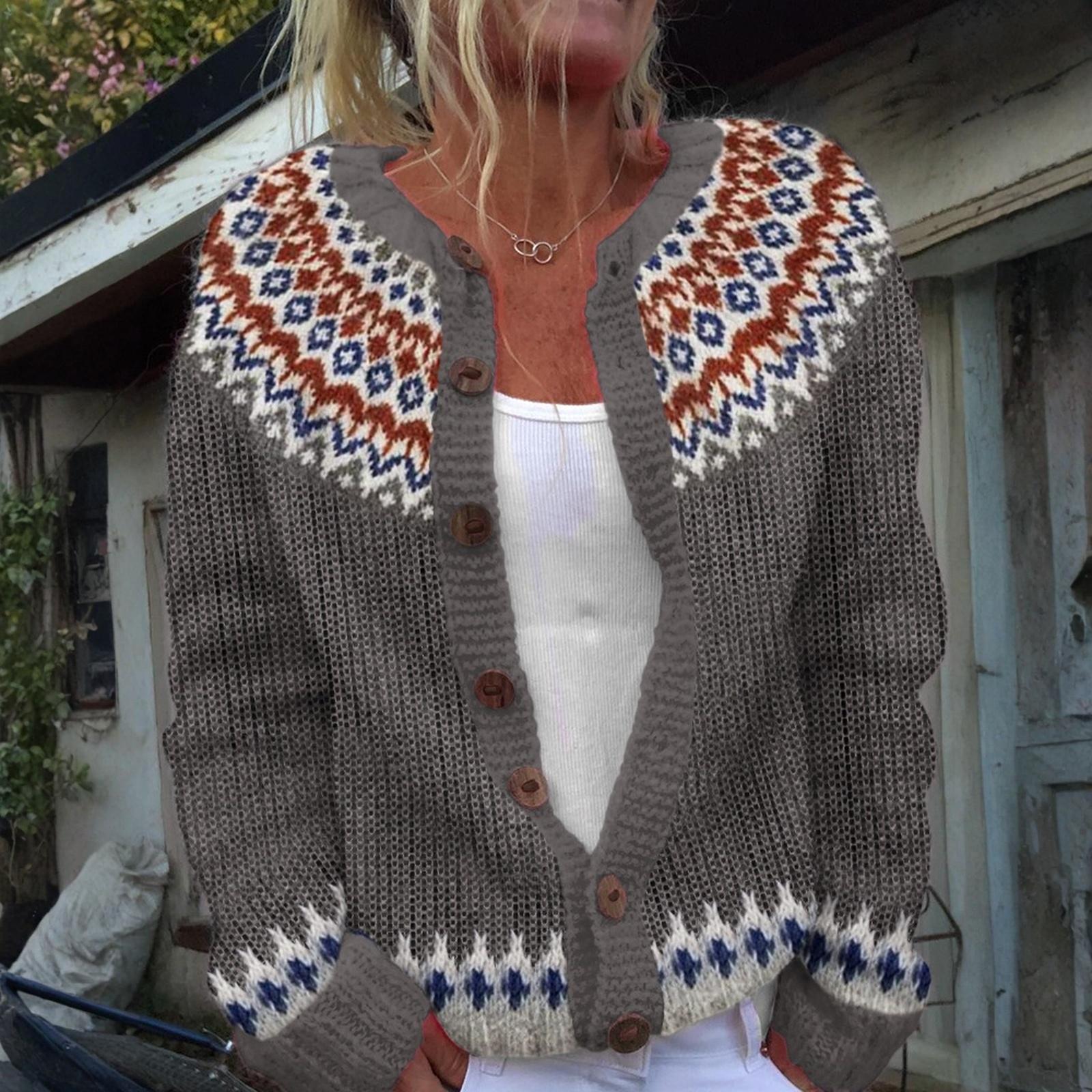 

Fair Isle Cardigan Sweaters For Women R-Neck Loose Fit Button Up Chunky Sweater Open Front Casual Fall Knit Jacket L