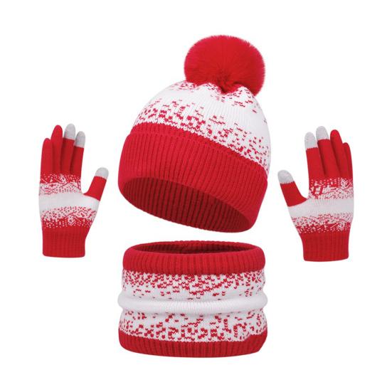 3Pcs/Set Winter Hat Scarf Gloves Set Plush Ball Decor Hat Thickened Plush Lining Neck Gaiter Touch Screen Gloves Set