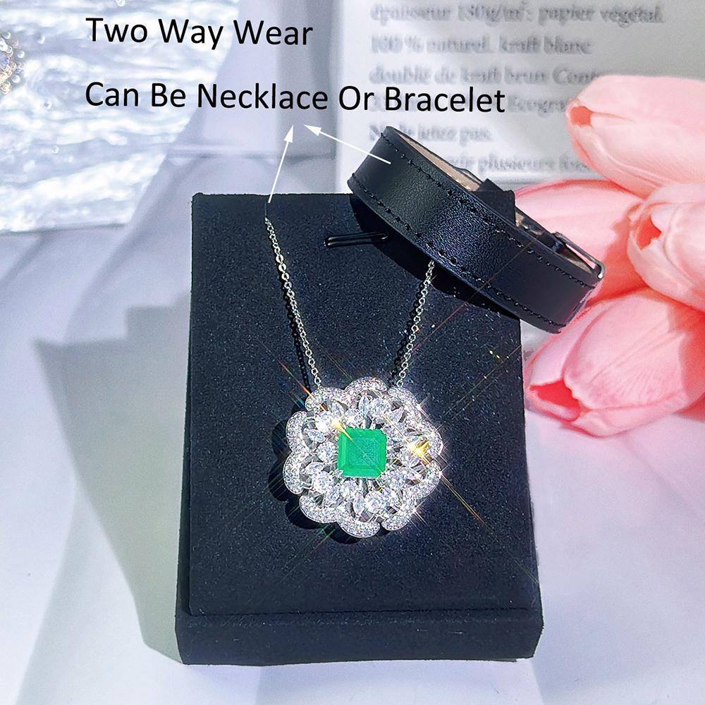 CMM Unikalne wiele metod noszenia Biżuteria na szyję Utoruj zielony kwadrat Cyrkon Duży zegarek kwiatowy Skórzany pasek Regulowana bransoletka Naszyjnik