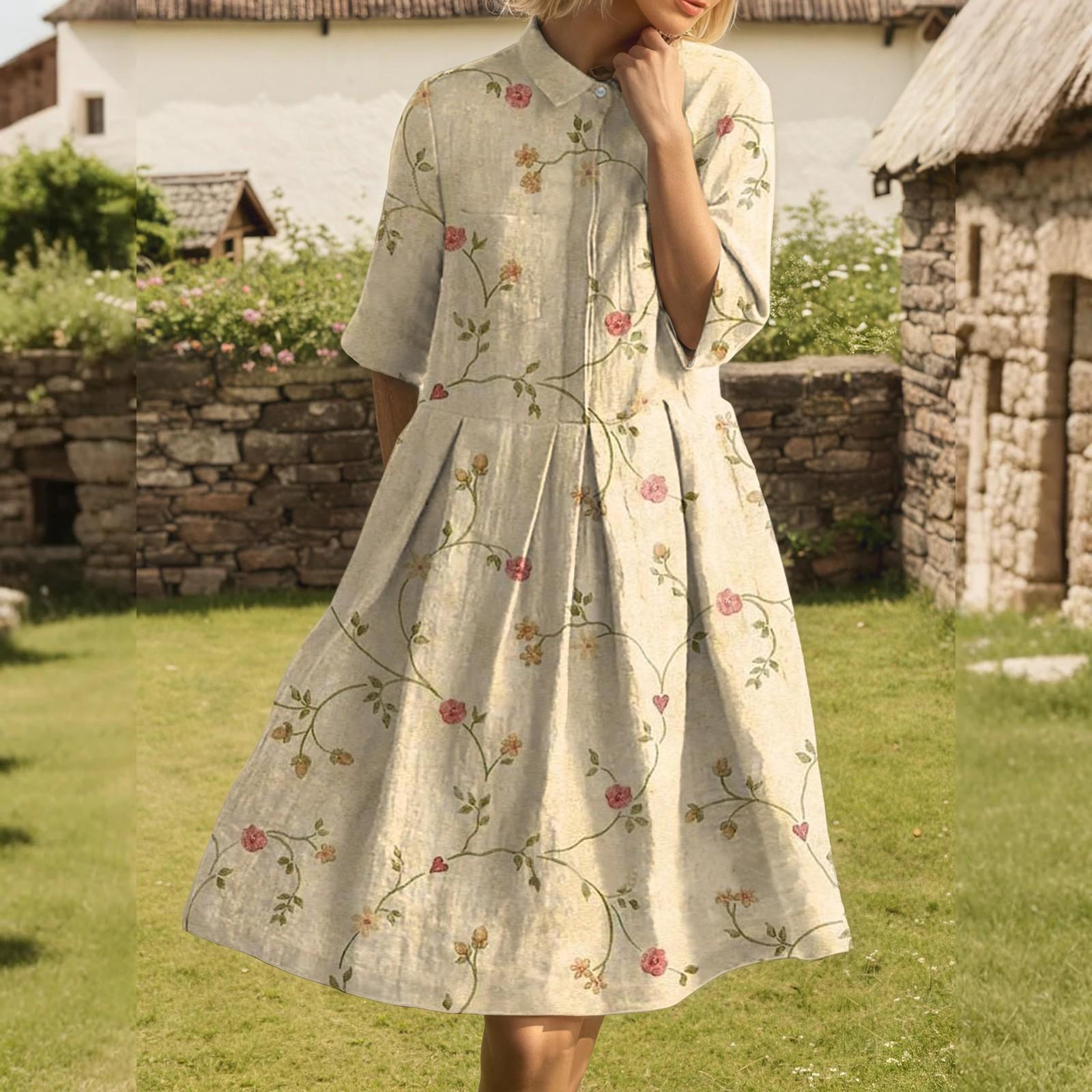 

Платье для женщин элегантное повседневное со сборками, с лацканами на пуговицах, с коротким рукавом, длиной до колена L бежевый