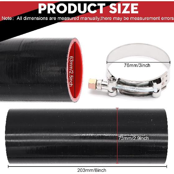 ID 2.5Inch 4-Ply Straight Coupler Silicone Hose 5Mm Thickness 8Inch Length With 2 X Stainless Steel T-Clamps (2.5Inch(63Mm))