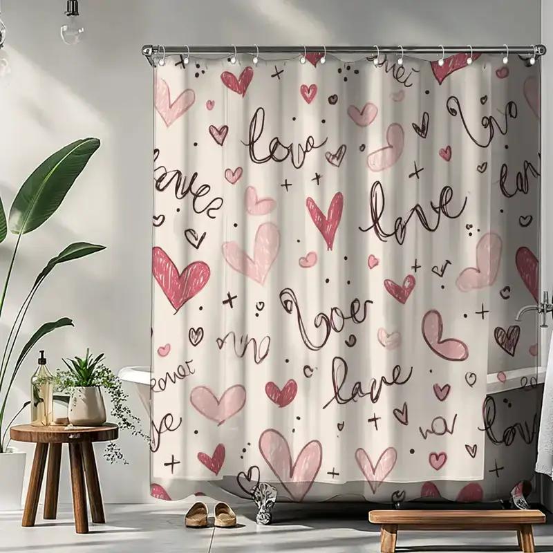 Love Heart Shower Curtain 1Pc – Hand-Drawn Words & Pink Hearts, Romantic Script Art For Valentine’S Day Or Bedroom Decor