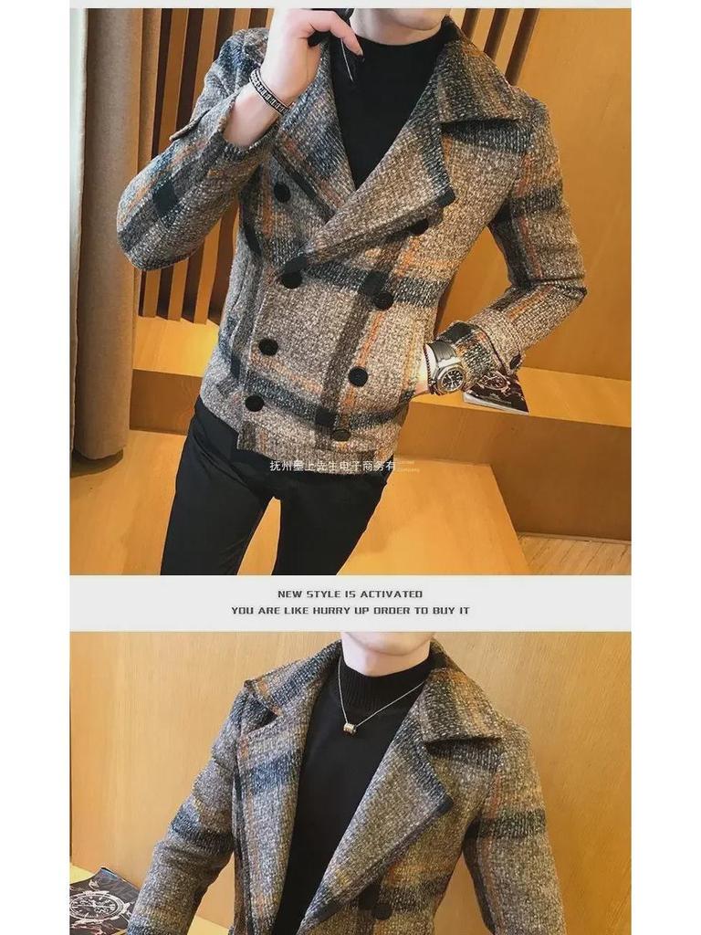 Men's 2022 Korean Style Plaid Woolen Short Coat - Trendy & Handsome for Autumn/Winter