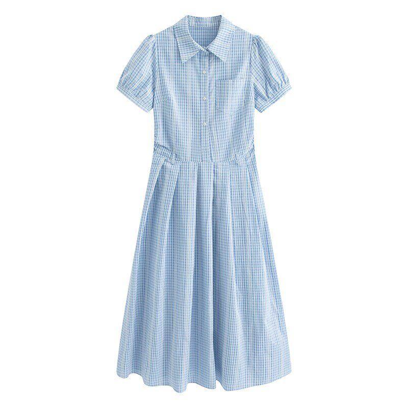 

Julu Studio Xia Yu Spring Style Slightly Oversized Girls Korean Style Blue Tight Waist Stripes Shirt Dress Plus Size Dress Light Lake Blue L