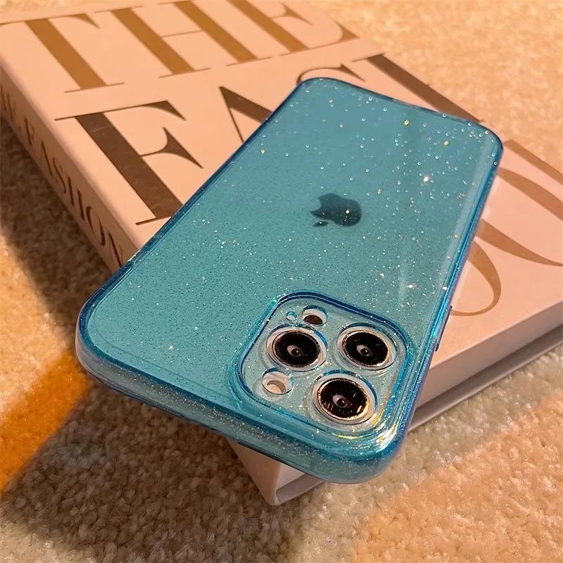 New Luxury Bling Glitter Clear Phone Case For iPhone 15 13 14 16 Pro Max Plus Shockproof Transparent Soft Lens Protection Cover