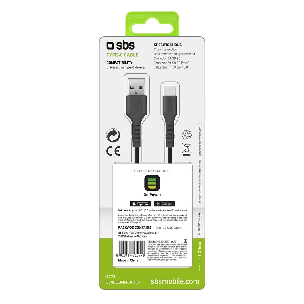 Cabo USB-A para USB-C 1,5 m - preto