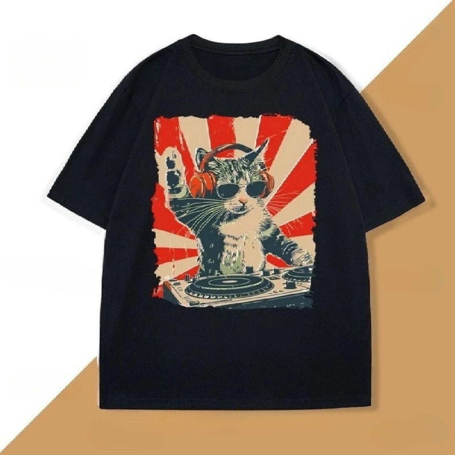 Cool DJ Cat T-Shirt Funny Cat with Headphones Graphic T Shirts Trendy Short Sleeve Round Neck Tshirt Streetwear Cotton Tees S