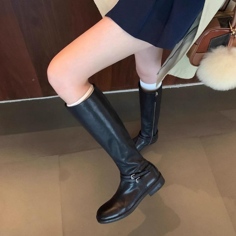 Cowhide~ Retro boots women's double buckle straps but knee boots side zipper thick heel knight boots