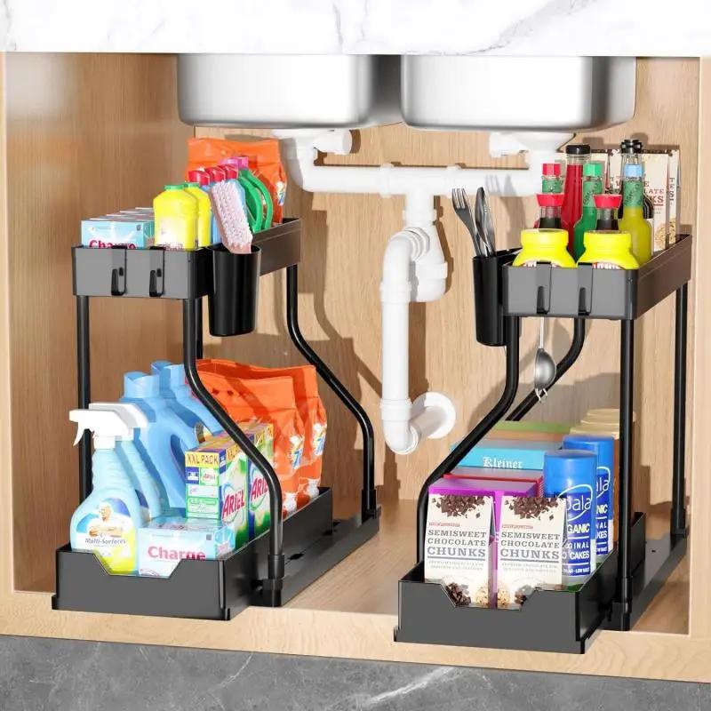 Multifunctional Drawer Shelf Organizer, Under Sink Storage, Kitchen Rack, Bathroom Table Cabinet, 2 Layers Pull Out