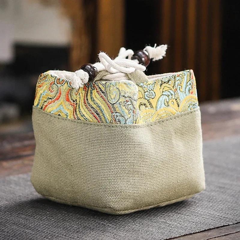 Vintage Teaware Storage Bag Outdoor Travel Ceramic Teacups Cotton and Linen Drawstring Cloth Bags Kung Fu Tea Accessories