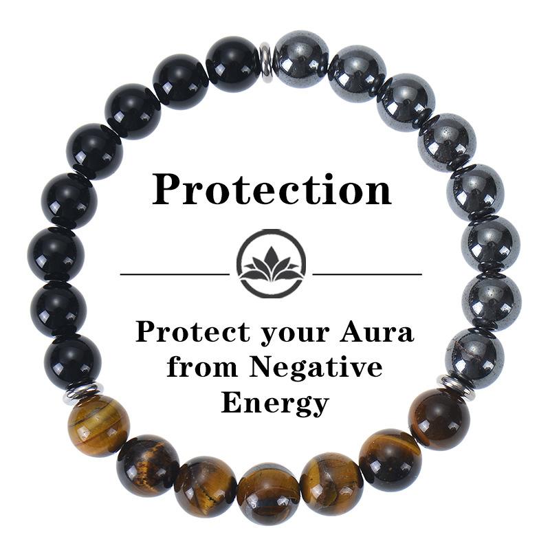 Natural Stone Triple Beaded Bracelet Tiger Eye Obsidian Black Magnet