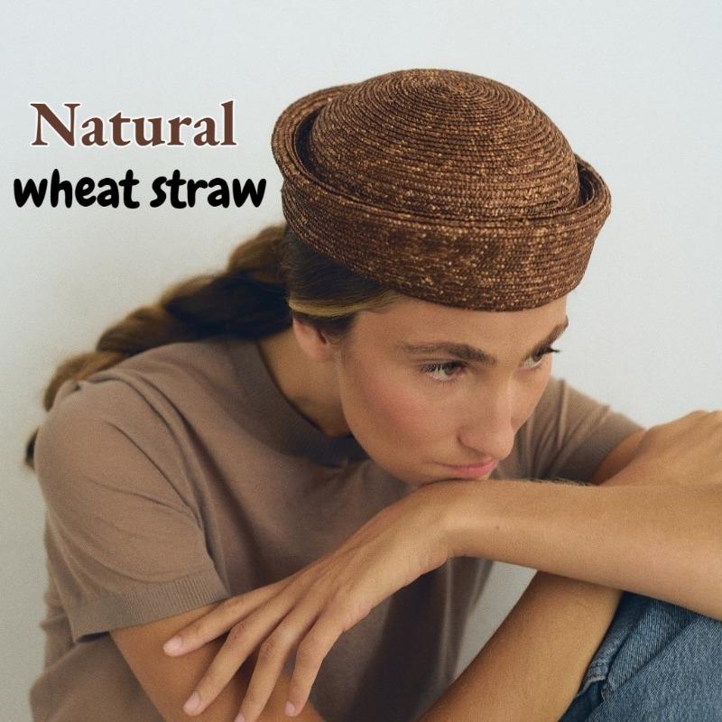 Ins Blogger Natural Straw Pillbox Hat Flat Berets Women HandWoven Sun Hat Summer Circle Concave Top Church Derby Party Beach Cap