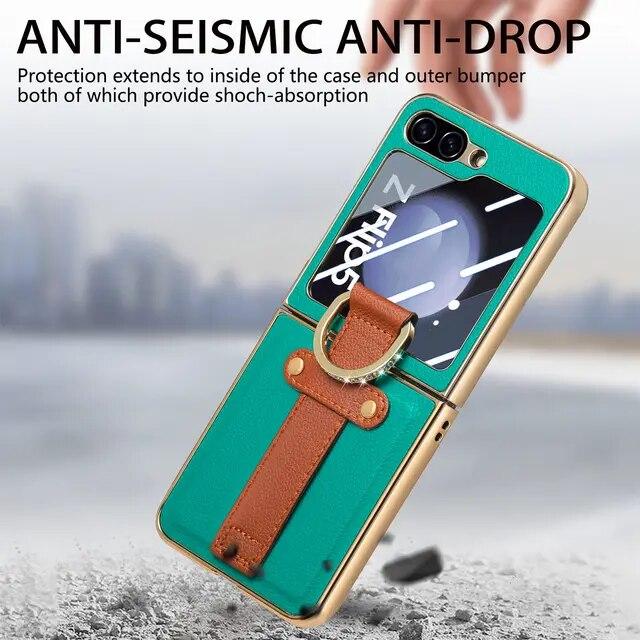 Anti-Knock Portable Bling Ring Case for Samsung Galaxy Z Flip 5 Flip4 Flip5 Flip 4 5G Leather Cell Phone Cover Glass Film