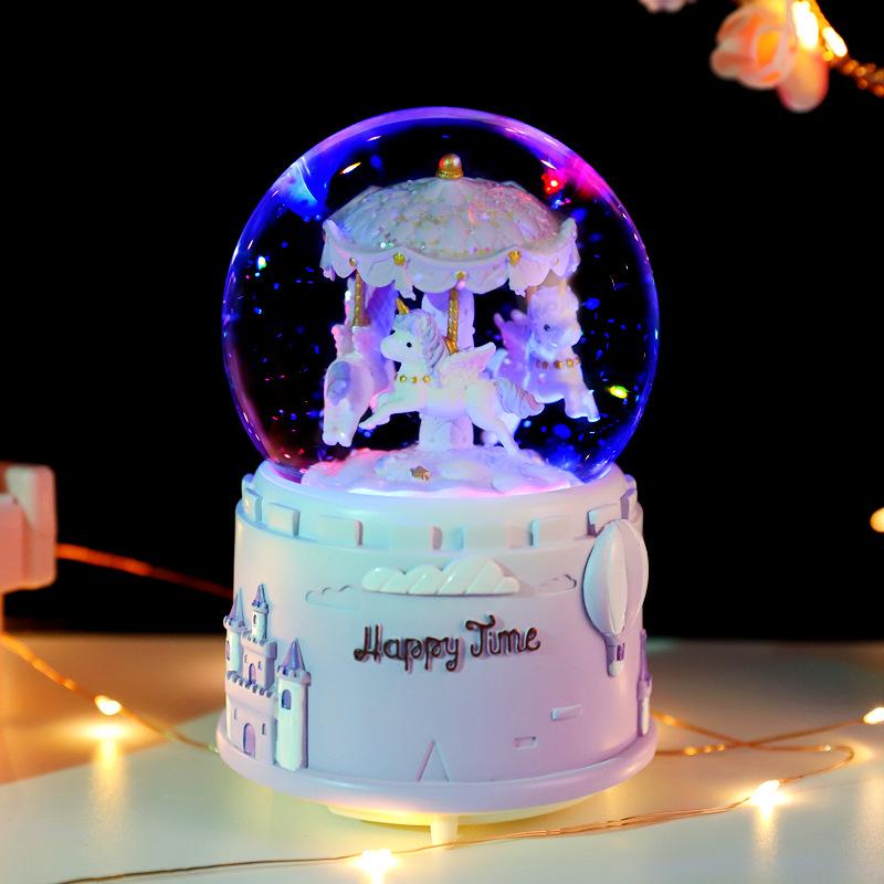 Iridescent Castle Snowfall Crystal Ball Music Box for Kids - Dreamy Fairy Tale Carriage.