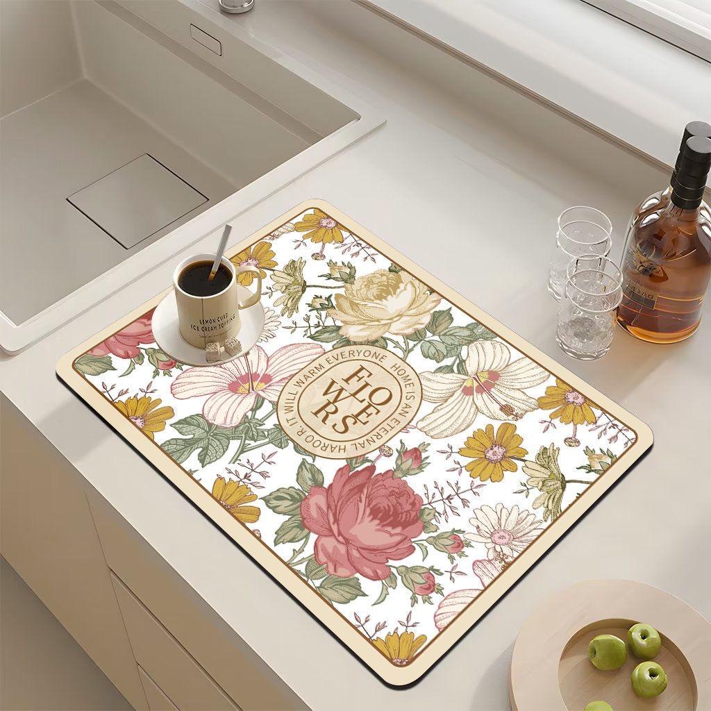 30*40cm Vintage Flora Printed Mud Absorbent Quickly Dry Heat Resistant Non-Slip Tableware Pad Dish Drying Mat Placemat Coffee Mat