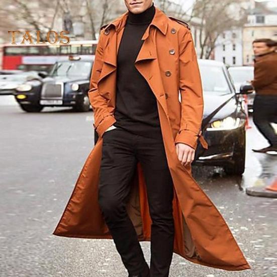 Men Trench Coat Lapel Long Sleeve Solid Color Windbreaker Double Breasted Long Style Outdoor Business Outwear