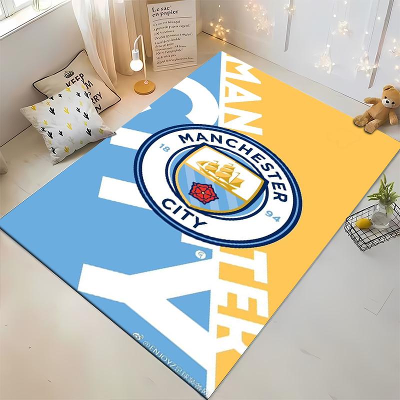 Manchester City Logo Design Rug, Blue & Yellow Non-slip Rug Suitable for Living Room and Bedroom Sofas.