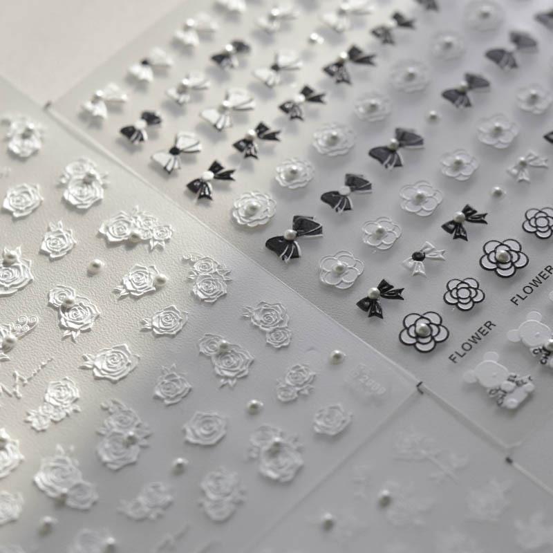 

3D Crystal Rose Nail Stickers with Black & White Bow Design