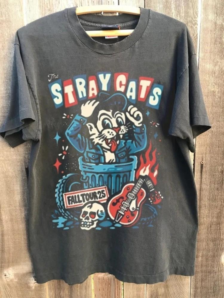The Stray Cats Тур 2025 Редкий Дизайн Угольный Унисекс Футболка Мужчины Женщины Унисекс Футболка S