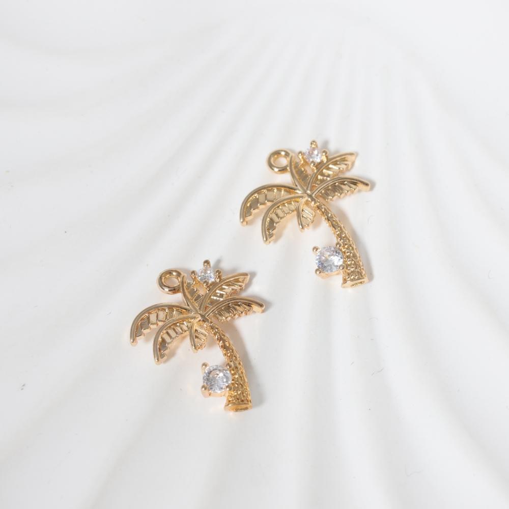 Copper Palm Tree Charms with Clear Zirconia, Golden Plated, 2pcs for DIY Jewelry Making 2 pieces золотой