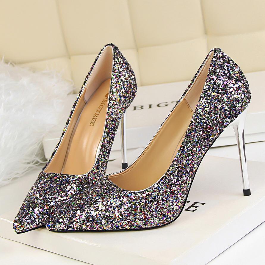 Fashion 2025 Women 9.5cm High Heels Plus Size 43 Stripper Glitter Scarpins Luxury Pumps Stiletto Wedding Bridal Gold Silver Fetish Shoes