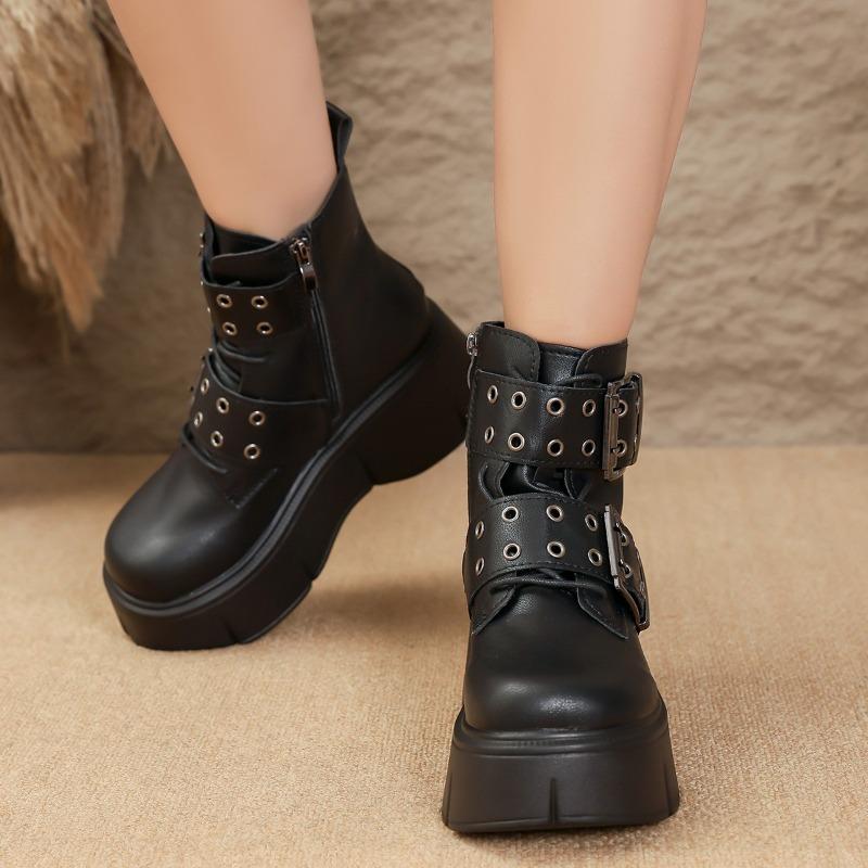 Studded Metal Buckle Wedge Booties Fashion Round Toe Side Zipper Platform Non-Slip Wear-Resistant High Heels