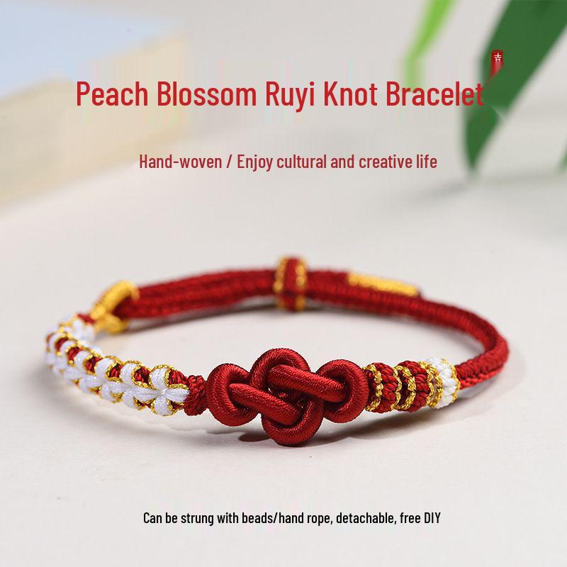 Браслет  Цветок персика  Узел Жуи, ручная работа, красный, с возможностью добавления бусины - Подарок для девушки