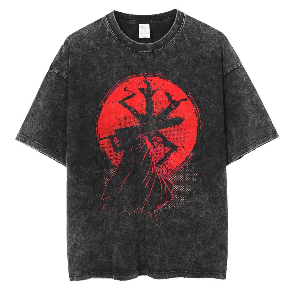 Berserk Anime Guts Charakter Vintage Gewaschenes Baumwoll-T-Shirt Retro Manga Grafik Sommer Kurzarm Locker Geschnittene Oberteile Für Männer Frauen Tägliche Freizeitkleidung