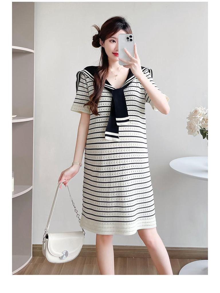 Navy Striped Korean Style Maternity Summer Dress, Casual Loose Fit, Slimming Ice Silk Knit with Hollowed-Out Details