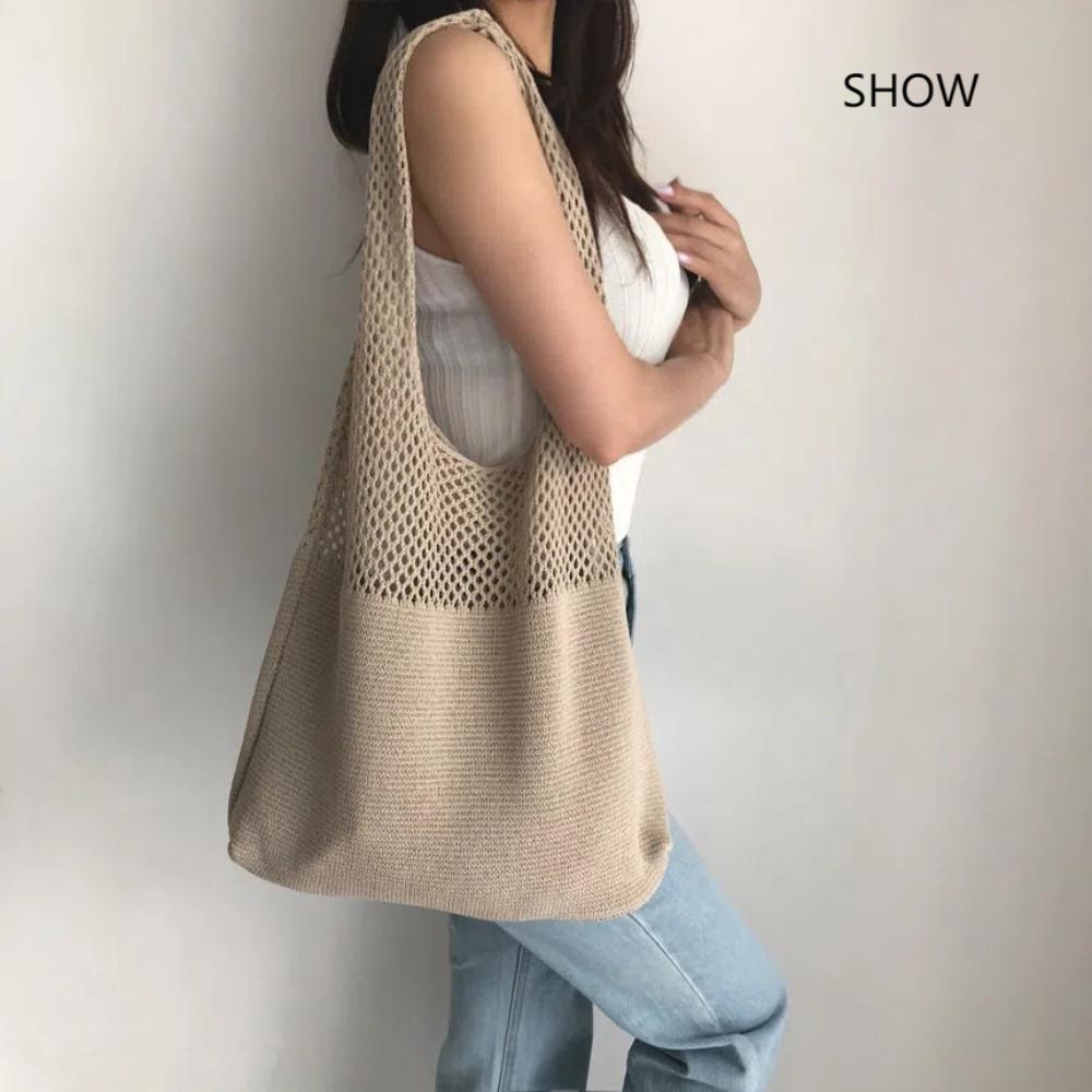 Minimalist Retro Hollow Knitting Bag For Women, Woven Yarn Shoulder Tote Bag, Large Capacity Breathable Shopping Handbag For Daily Outdoor Use