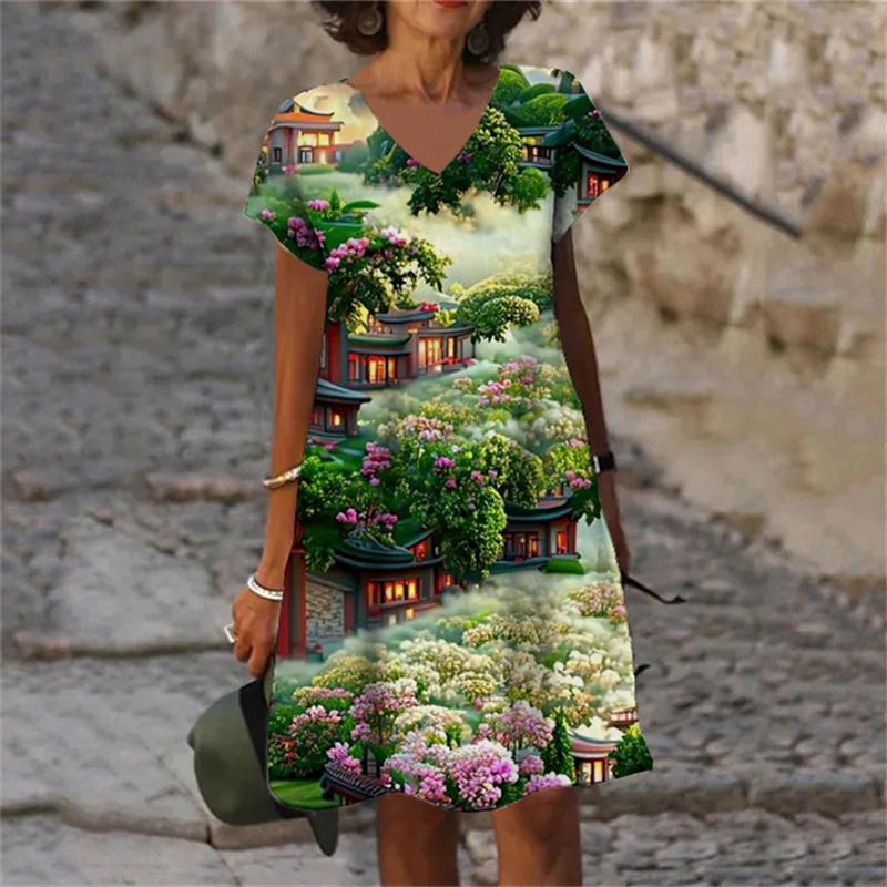 Fantasy 3D Print Women Dress Fashion Elegant Sweet Casual V-Neck Short Sleeve A-Line Dress Oversized Summer Scenery Dress