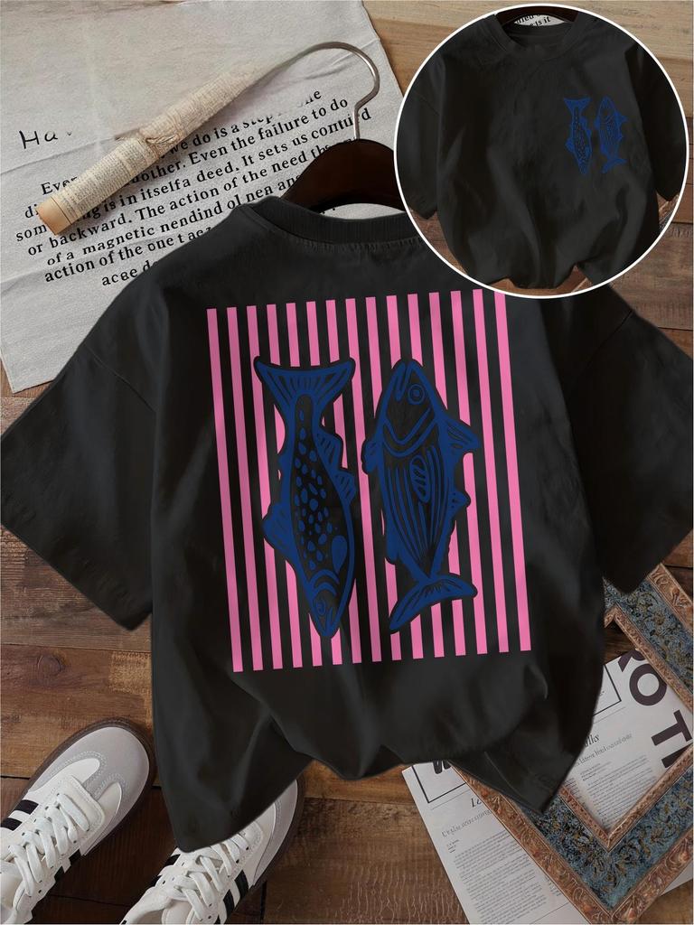 Funny Fish Graphic T Shirt Pink Stripes Double Sided Print Unisex Harajuku Aesthetic Loose Short Sleeve Summer Tops Tee
