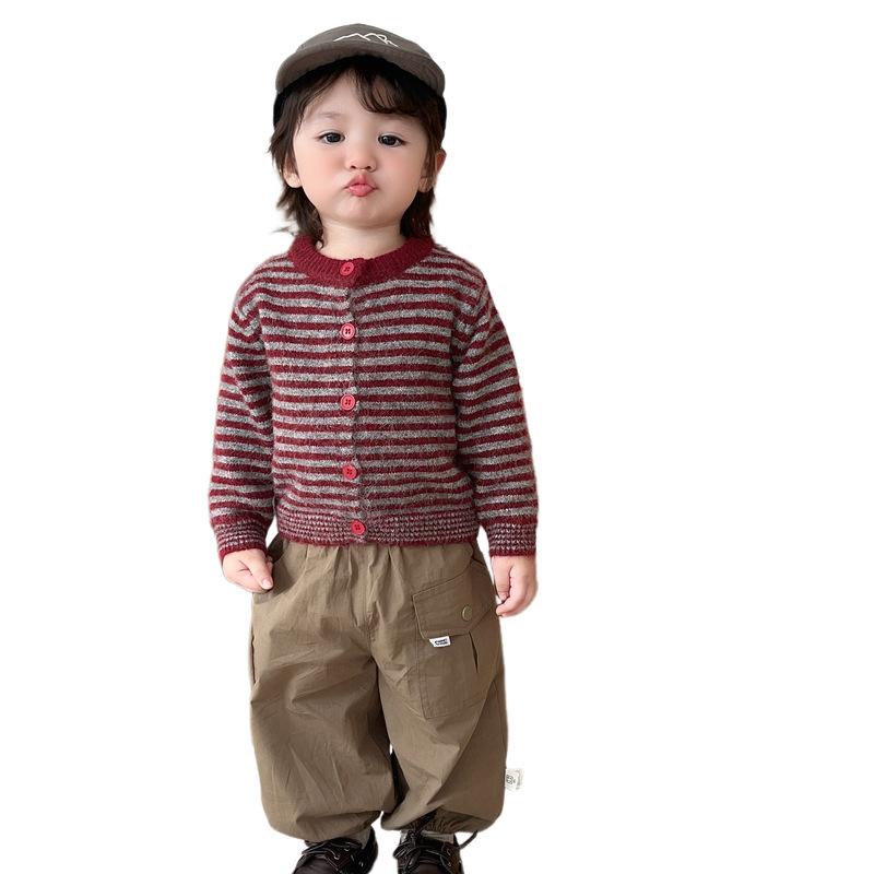 Baby Autumn Striped Knitted Cardigan Korean Children'S Retro Burgundy Crew Neck Sweater Men'S And Women'S Treasure Spring And Autumn Coat