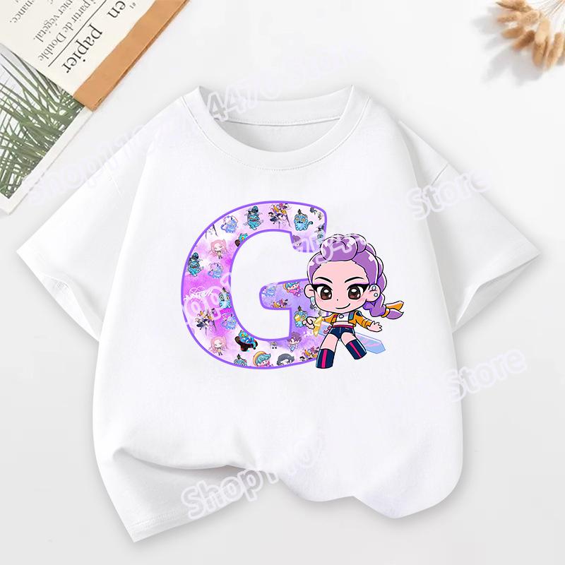 KPop Demon Hunters Child Short Sleeve T-shirt Cartoon Rumi Mira Zoey A-Z Print Cotton Tops Kawaii Summer Casual Tees Kids Gifts