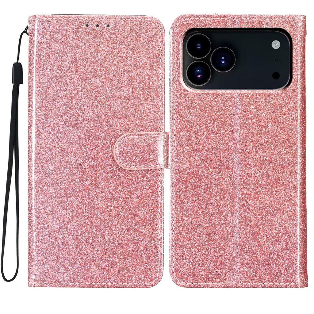 For iPhone 17 Pro Max Wallet Case Glitter Anti-Scratch Leather Stand Phone Cover with Strap