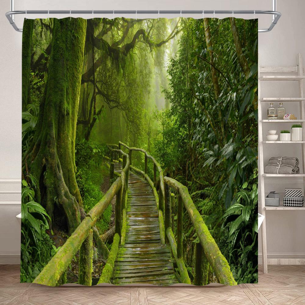 Forest Landscape Shower Curtains Tropical Jungle Palm Plants Waterfall Nature Scenery Fabric Bathroom Curtain Decor With Hooks